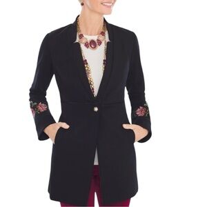 CHICO’S Black Floral Embroidered Ponte Collarless Pearl Button Long Jacket Coat